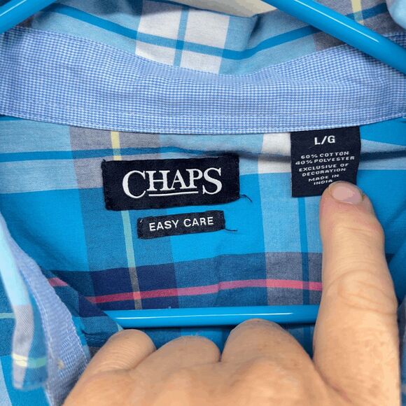 Chaps Easy Care Long Sleeve Mens Large Blue White Plaid Poplin Button up Shirt - Picture 3 of 3